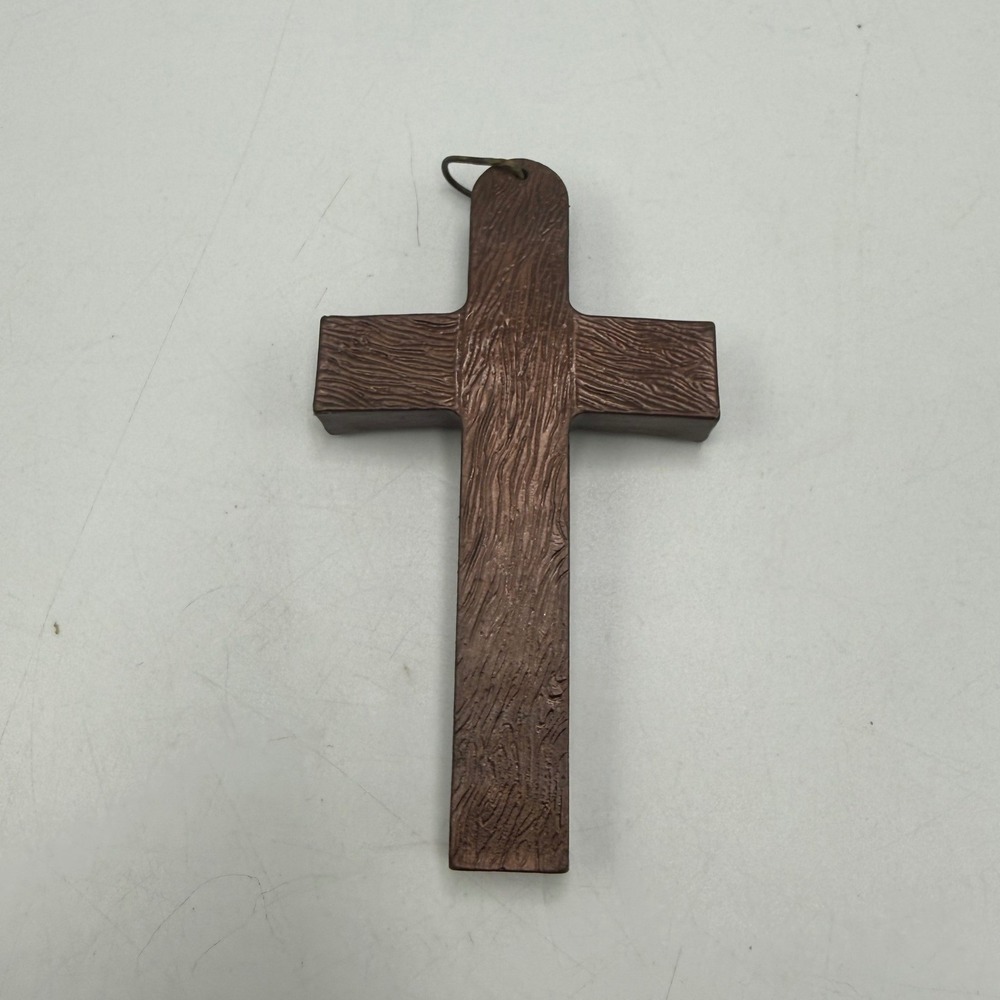 Vintage Faux Wood Grain Cross Pendant Religious Brown Textured Charm 4 Inch